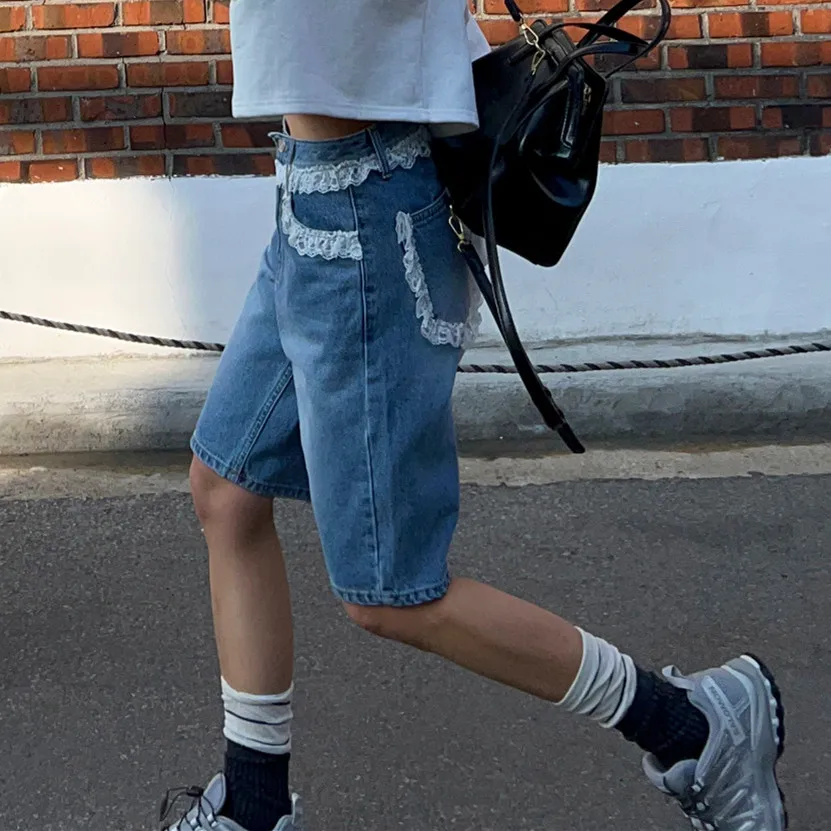 Denim jeans met retro getailleerde kanten rand Dames losse rechte snit Agel Veelzijdige vijfkwart middenbroek Hoge taille Lente zomer