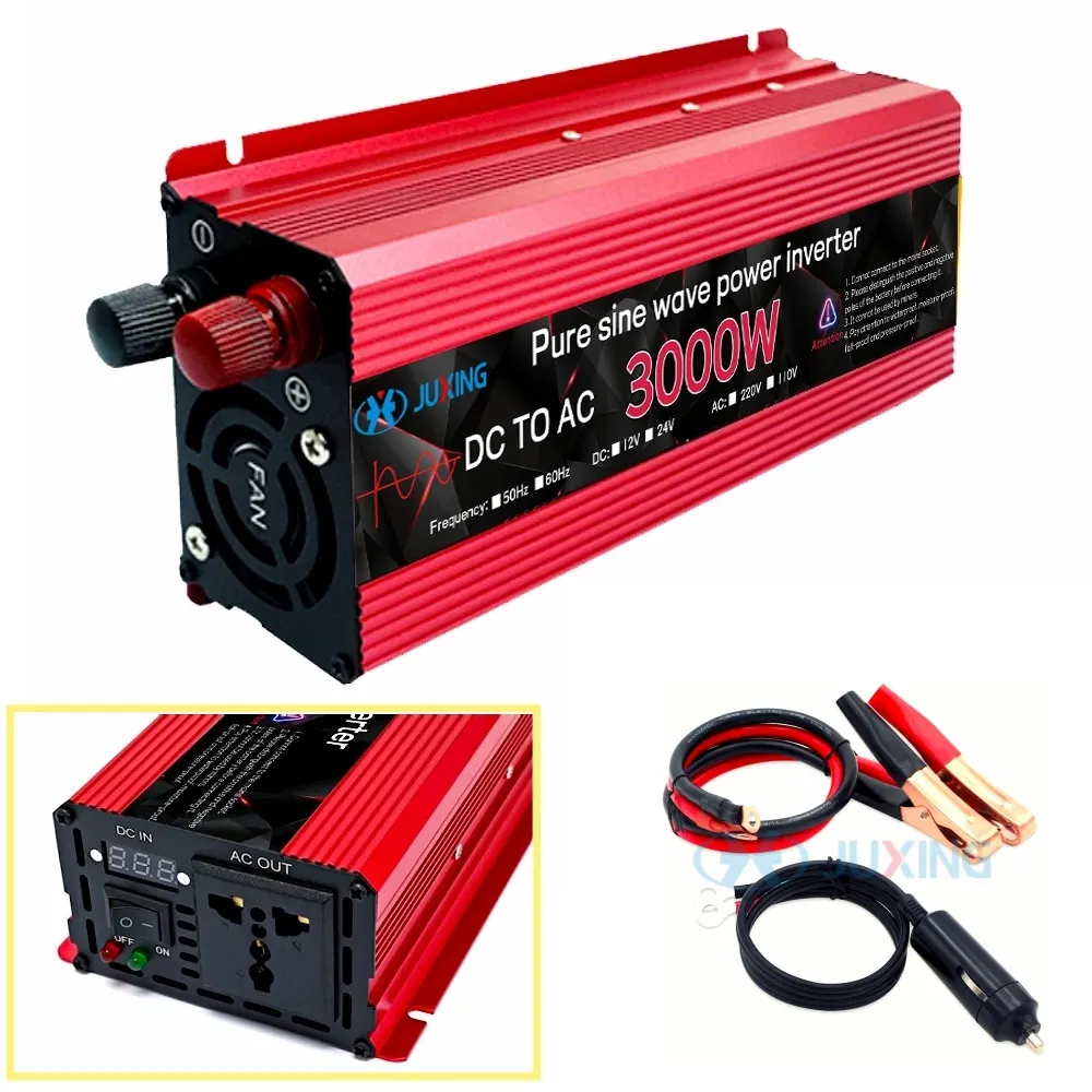 JUXING 3000W  Pure Sine Wave Car Power Inverter DC12V/24V to AC220V Power Converter, With LED Display Universal Socket