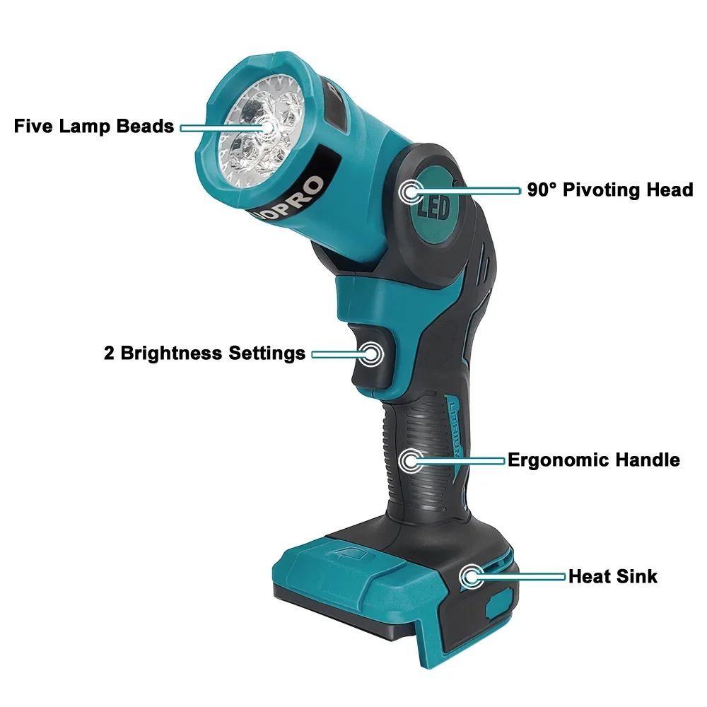 ไฟ LED ไร้สายพับได้ 5 ลูกปัด Spotlight ทํางานแบบพกพาแบตเตอรี่ลิเธียมไฟฉายสําหรับ Makita 18V แบตเตอรี่