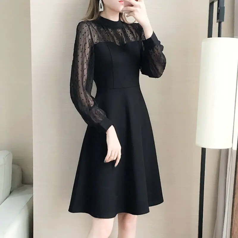 Primavera autunno donna Sexy See Through Mesh Patchwork abiti da festa eleganti nero manica lunga vita alta Slim Midi Dress Vestidos