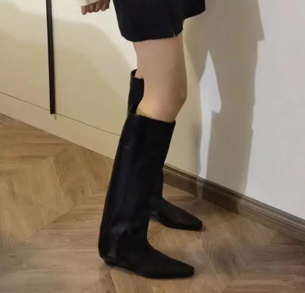 

Black Soft Leather Small Square Toe 5 cm Wedge Knee High Boots Women Street Style Tube Loose Slip On Long Knight Botas Shoes