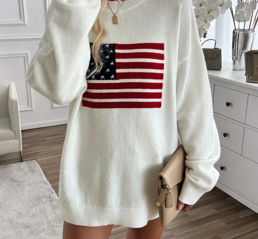 الخريف الشتاء الدافئة محبوك القمم المرأة سترة لاعبا الأبيض لينة العلم نمط عادية فضفاض كم طويل البلوز البلوزات #4