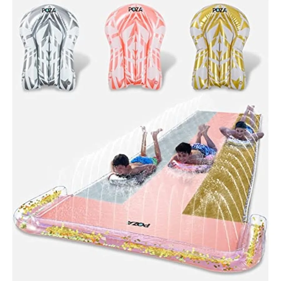 

POZA Inflatable Jumbo Triple Slider with 3 Boogie Boards - Luxurious Sparkly Triple Water Slide Toy Ride with Built in Sprinkle