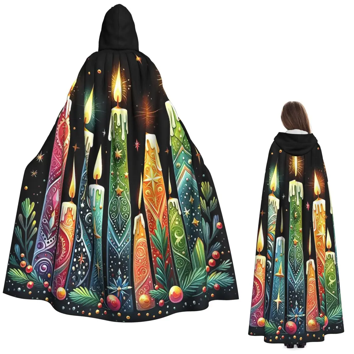 

Свечи на черном длинном плащем с капюшоном, средневековый костюм ведьмы, накидка для косплея