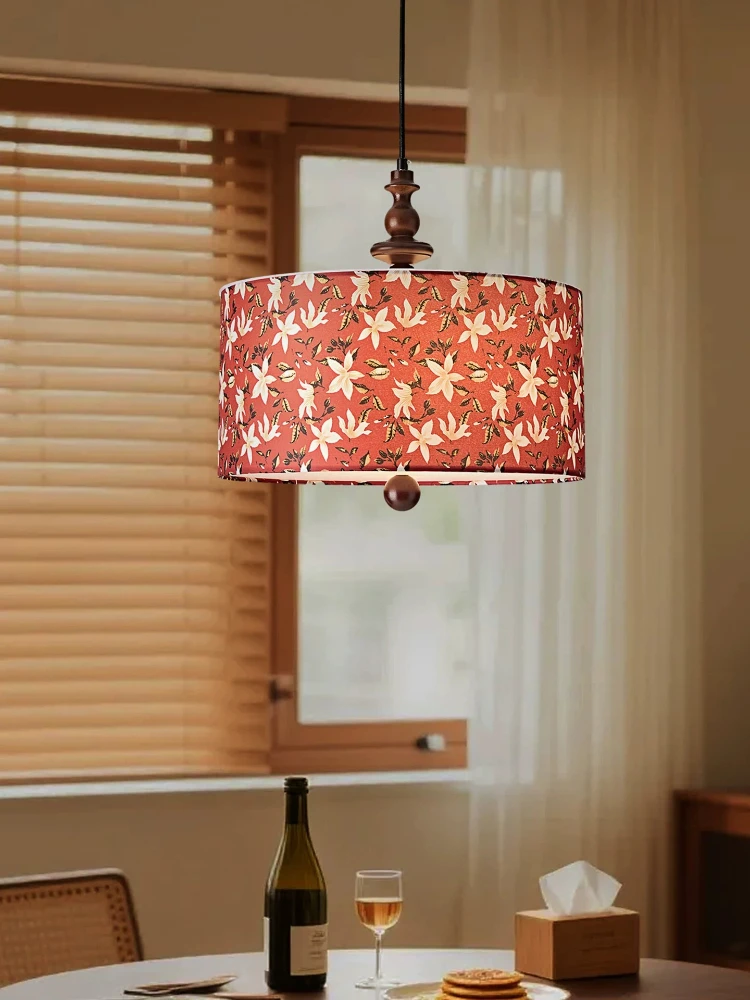 Middle aged bedroom printed fabric pendant light, Chinese style retro homestay creative solid wood restaurant atmosphere light