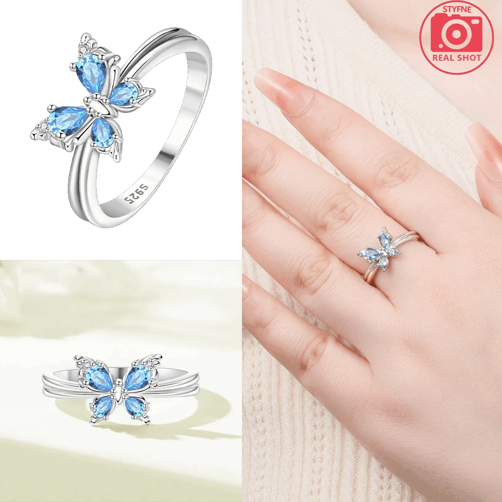 

Exquisite Original 925 Silver Purple Iris Flower Woman's Ring Anniversary Fine Gift Women Jewelry Blue Zircon Butterfly Ring
