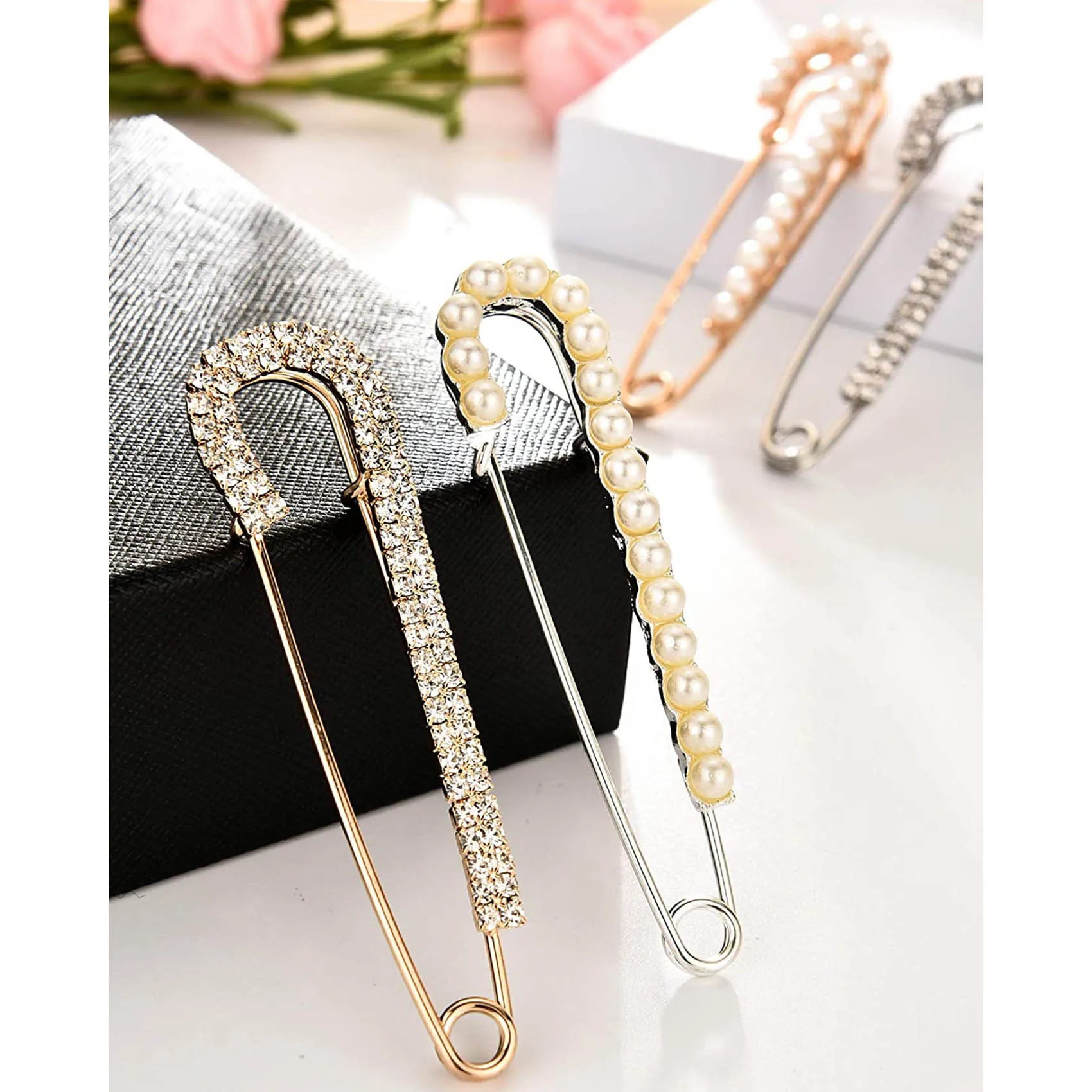 4 Pieces Women Brooch Pins Sweater Shawl Clips Faux Crystal and Pearl Brooches, 2 Styles Gold&Silver-Color