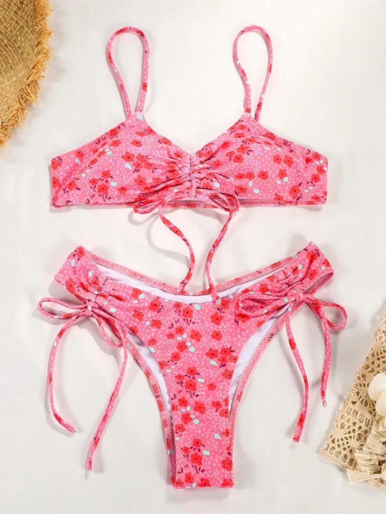 UETEEYセクシープリントレースアップビキニ2ピースセット女性用スプリット水着バックレスビーチビキニ2025新作サマー水着ビキニセット