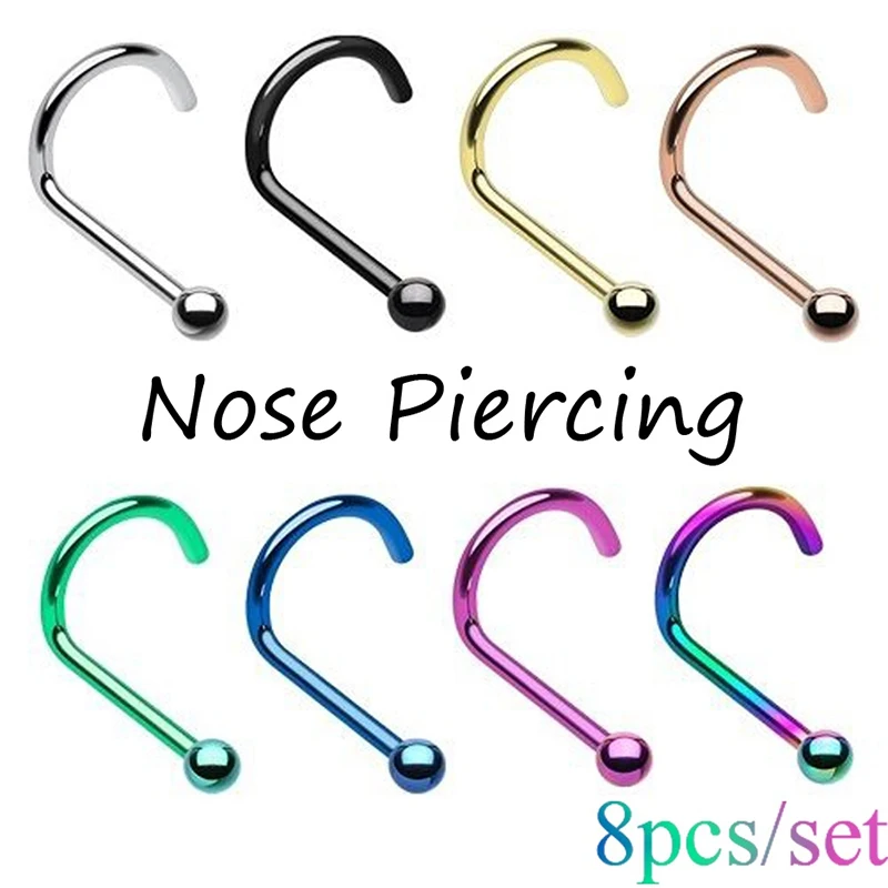 8pcs Mixed Color Bending Bar Nose Bone Rings For Women Men Stainless Steel Nostrils Piercing Fashion Screw Stud Piercing Jewelry