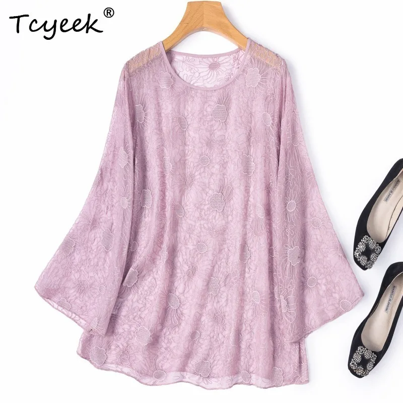 

Tcyeek 100% Real Silk Shirts for Women 2026 Summer Exquisite Embroidered Loose Sun-protective Shirt Woman Clothing Chemise Femme