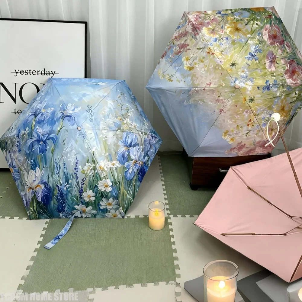 6-Rib Mini Folding Parasol Five Fold Oil Painting Surface Color Women Umbrella Lightweight UV Protection Outdoor Travel Gifts