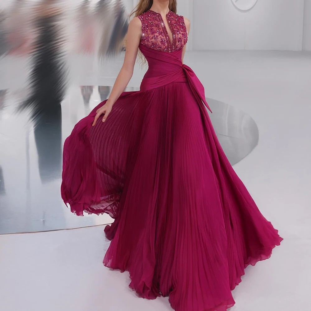 Ccustomized A-line Evening Dresses Floor-length V-neck Sleeveless Prom Gown Fashion Sequined Beading Pleat Draped Party Gown