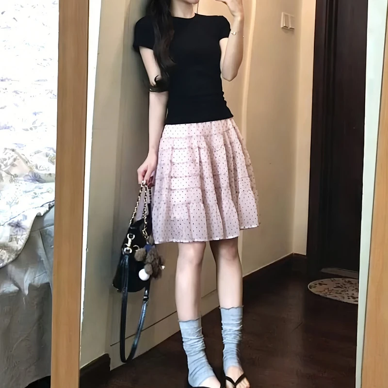 

Pink Polka Dot Skirt Gauze Skirt Women's Unique Small Skirt Beautiful and Playful Suit in Early Summer
