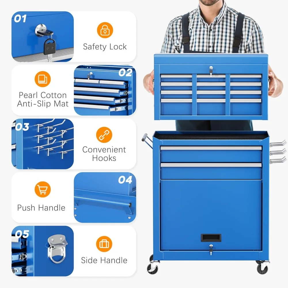 Cómoda grande para herramientas rodante de 42 pulgadas con 8 cajones, caja superior desmontable, mecanismo de bloqueo, carrito de metal para almacenamiento y organización