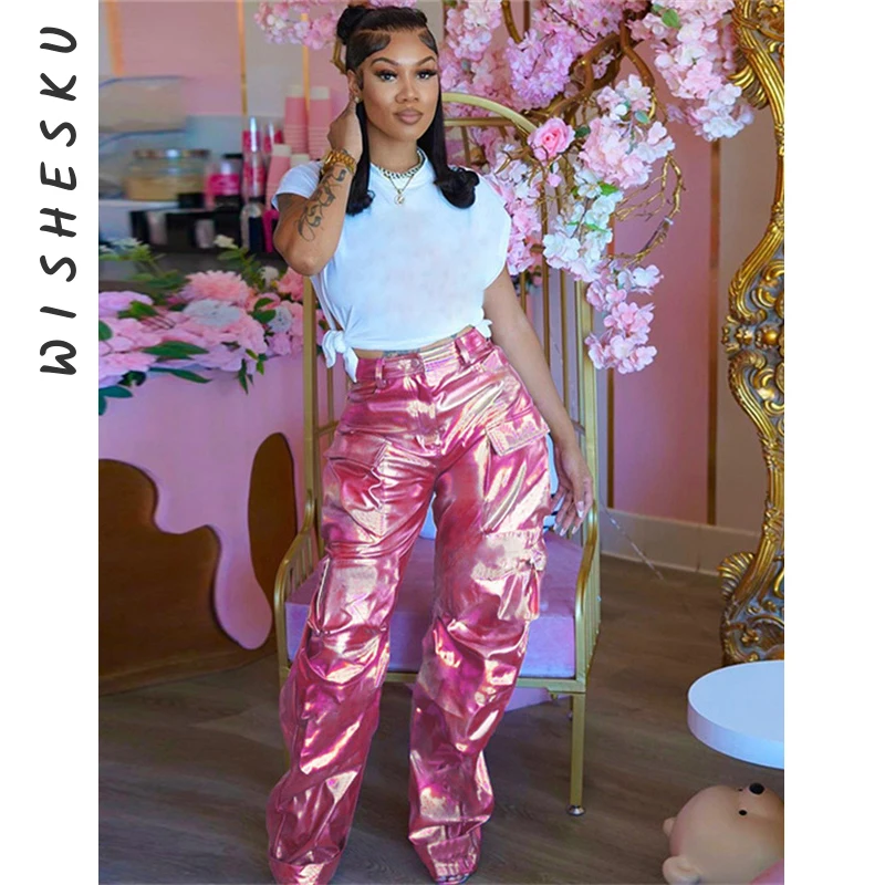 

Women Candy Color Ruched PU Pants Metallic High Waist Straight Pockets Cargo Trousers 2023 Fall Winter Birthday Luxury Clothes