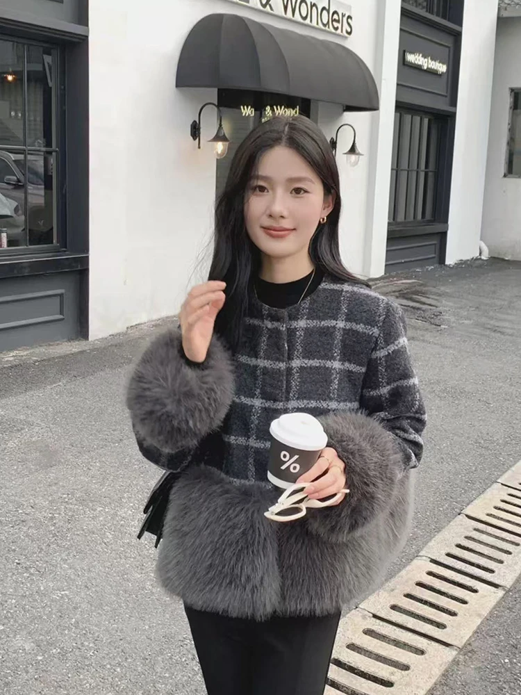 خمر منقوشة المرقعة سترة متماسكة المرأة الكورية شيك الفراء الاصطناعي خياطة سترات Y2K شتاء دافئ واحدة الصدر معاطف