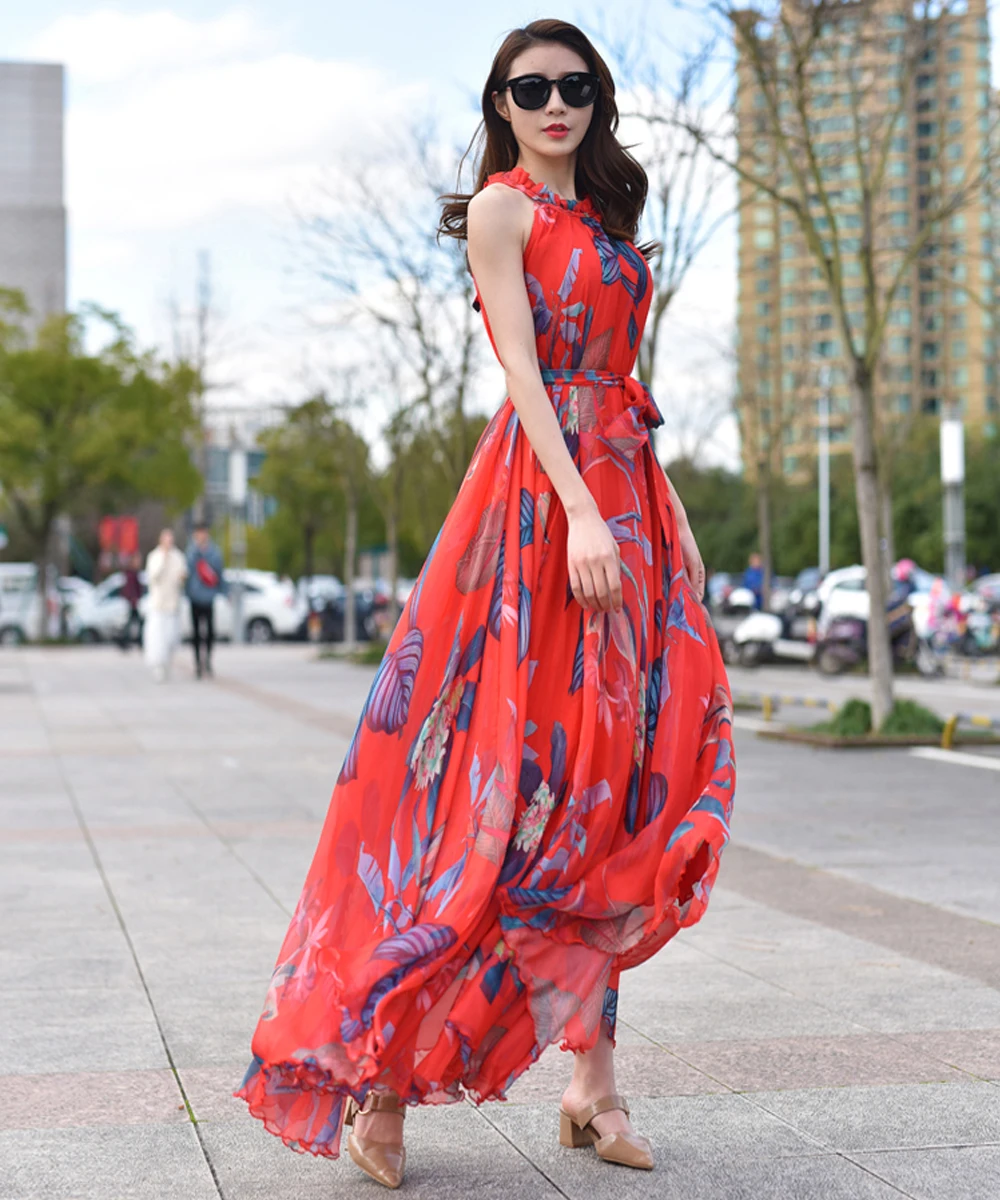 Summer Tropical Floral Bohemian Beach Photograph Sleeveless Maxi Dress Chiffon Holidays Party Female Dress Sleeveless Sundress