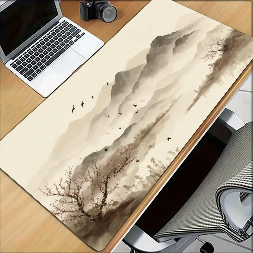 Large gamer MousePad Desk Mat Keyboard Pad Chinese Ink Wash Mountain Landscape Wild Bird Retro Oriental Art Print NonSlip Rubber