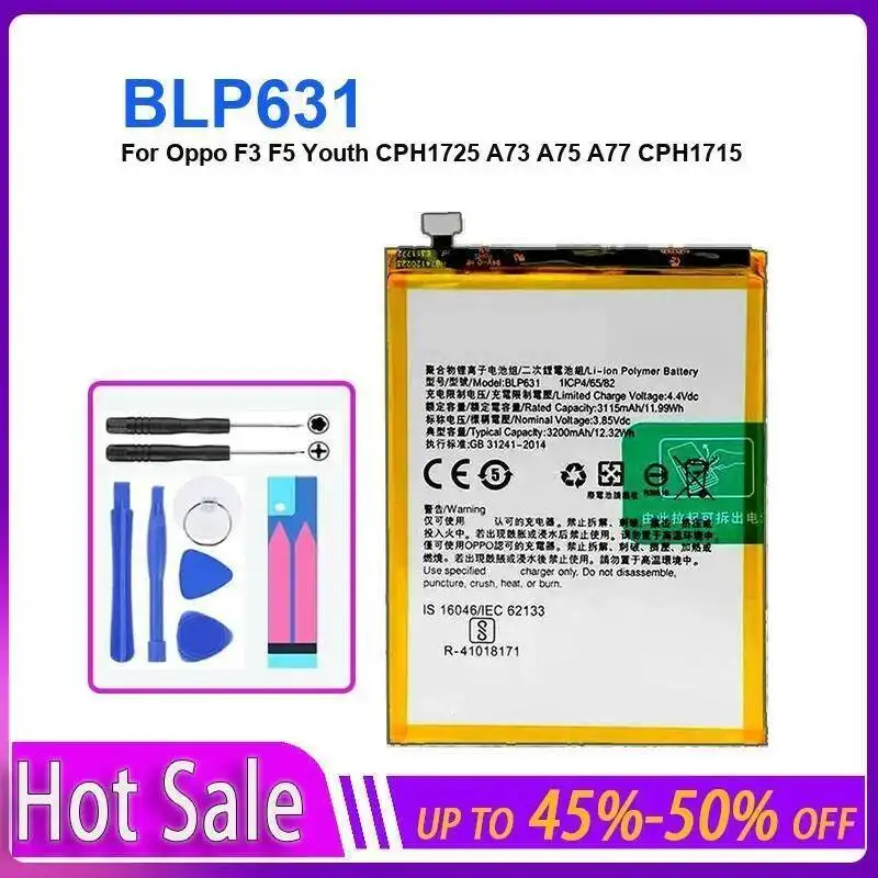 For Oppo F3 F5 Youth CPH1725 A73 A75 A77 CPH1715 Hardwearing BLP631 Long Lasting 3200Mah Mobile Phone Battery