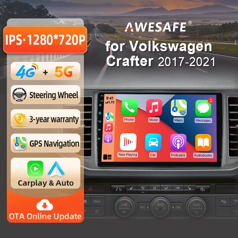 AWESAFE Radio Android de 10 pulgadas para VW Volkswagen Crafter (Mk2) 2017-2021, CarPlay inalámbrico y Android Auto, navegación GPS, soporte multimedia, control del volante, amplificador de subwoofer, cámara trasera con CAN-BUS EU Plug and Play DAB+ Digital 2 DIN, autoradio para coche