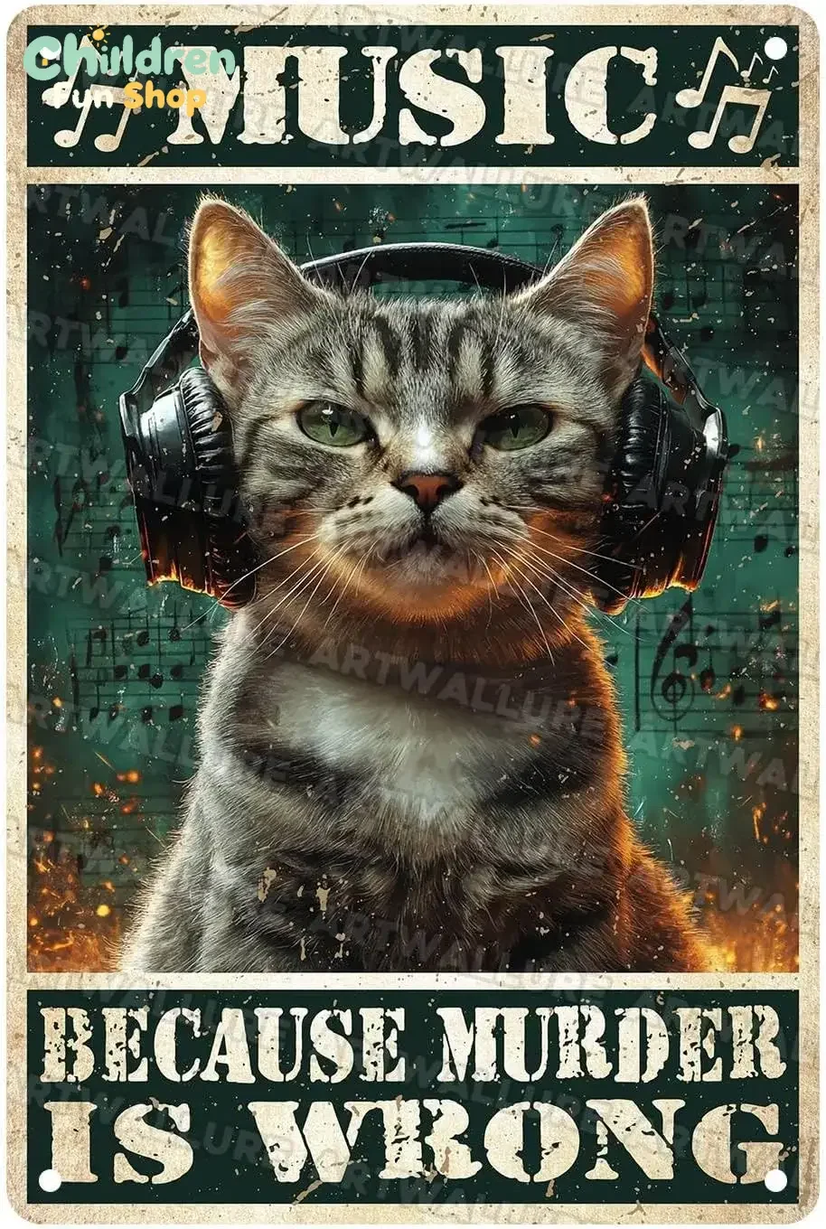 Vintage Cat Music Metal Sign Cat Music Because Murder Is Wrong Metal Poster Home Garden Room Cafe Office Garage Bathroom Alum