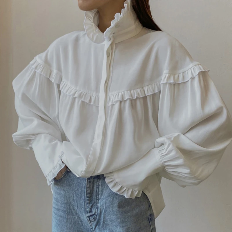 Fashion Women White Blouses Elegant Lapel Long Sleeve Office Lady Shirts Loose Ruffles Patchwork Tops Female Outfits Clothing