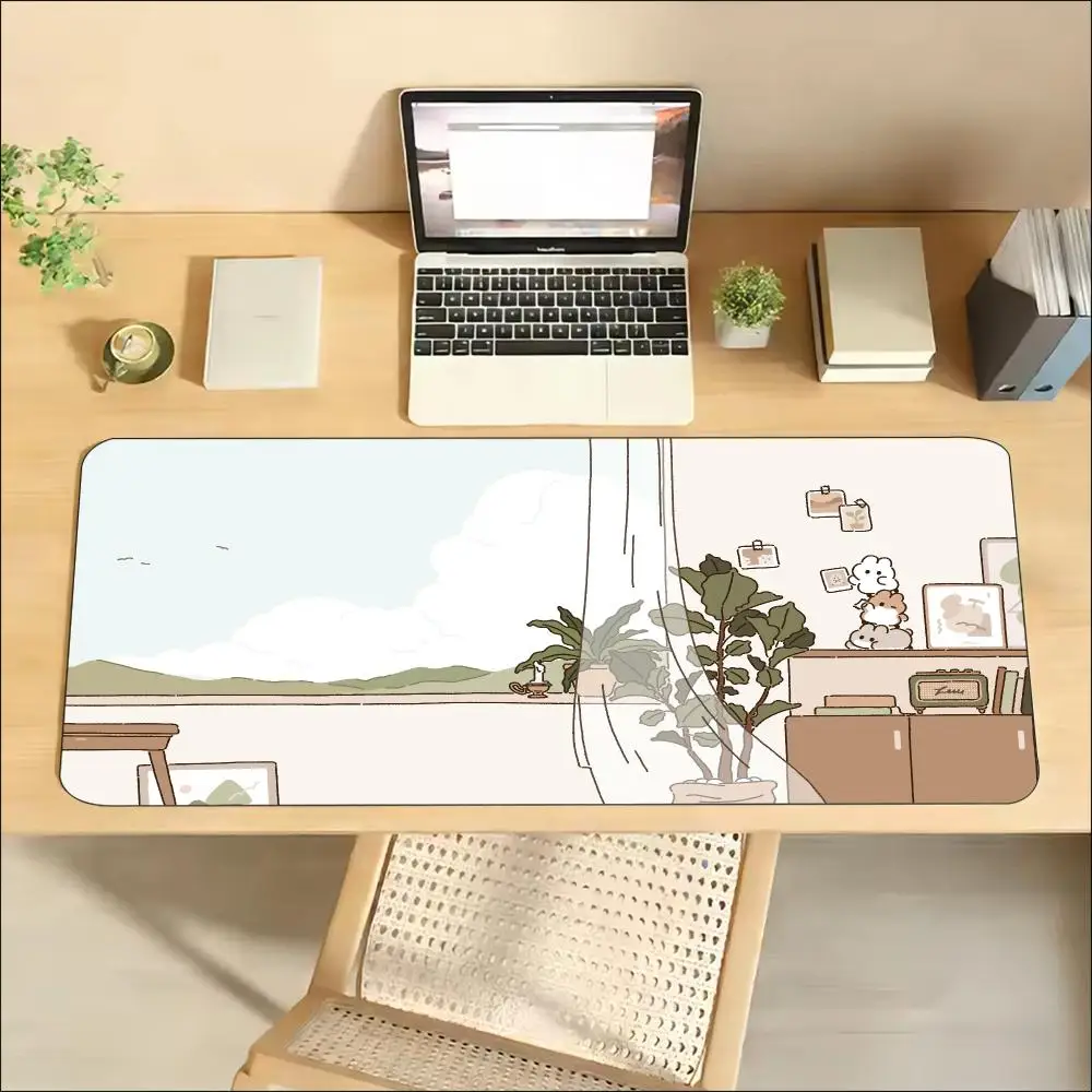 Beige Minimal Line Art Cozy Room Aesthetic Large Mouse Pad Extended Desk Mat Big Computer Gamer Non Slip Rubber Soft Deskpad