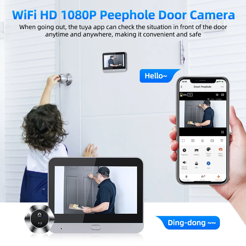 Wsdcam 140° Wide Angle Door Peephole Camera One Way intercom Video Eye Motion Detection Wifi Doorbell Camera 5000mAh Battery