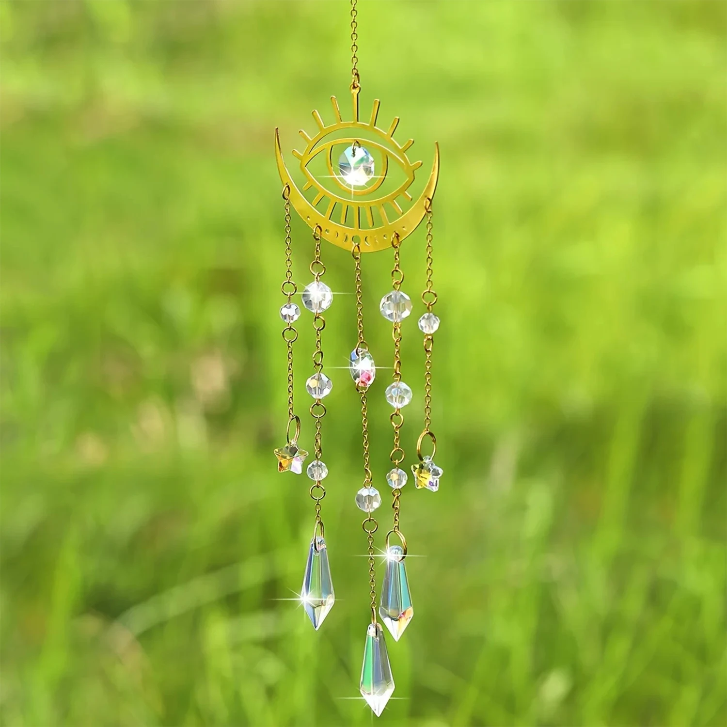 Crystal Chime Suncatcher Gold Flame Moon Crystal Pendant Sunlight Catcher Home Bedrooms Balcony Outdoor Garden Hanging Ornaments