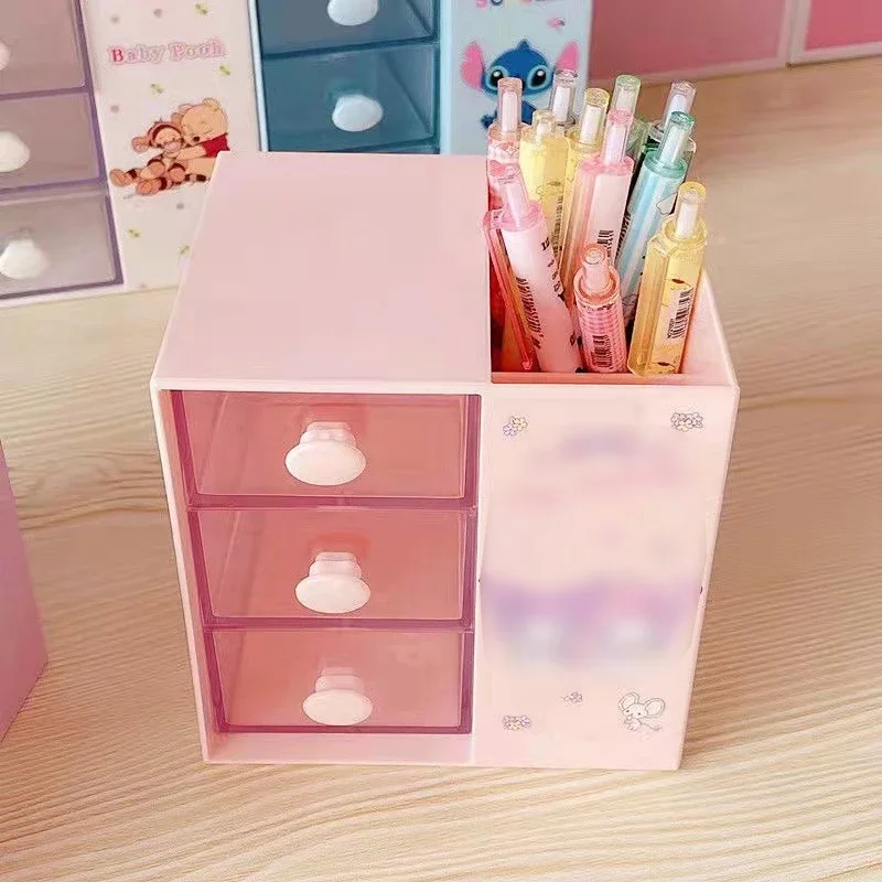 Disney Stitch Cartoon Desktop Storage Box Transparent Drawer Student Stationery Storage Pen Holder Desktop Tidy Storage Box Gift