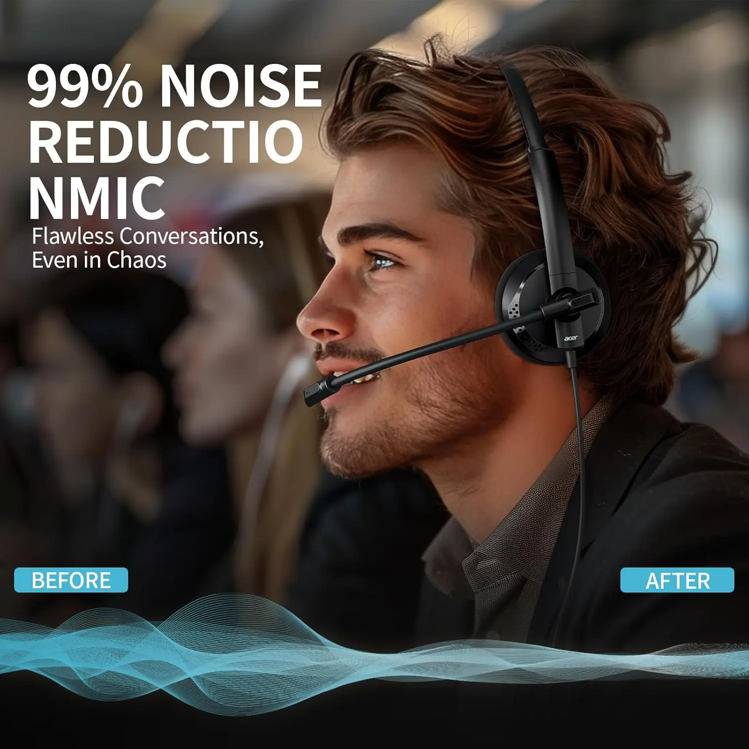 سماعة رأس Acer USB مع ميكروفون للكمبيوتر الشخصي، سماعة رأس سلكية مع ميكروفون لمراكز الاتصال بالعمل عن بعد للمكتب، تصميم مريح لارتداء طويل #5
