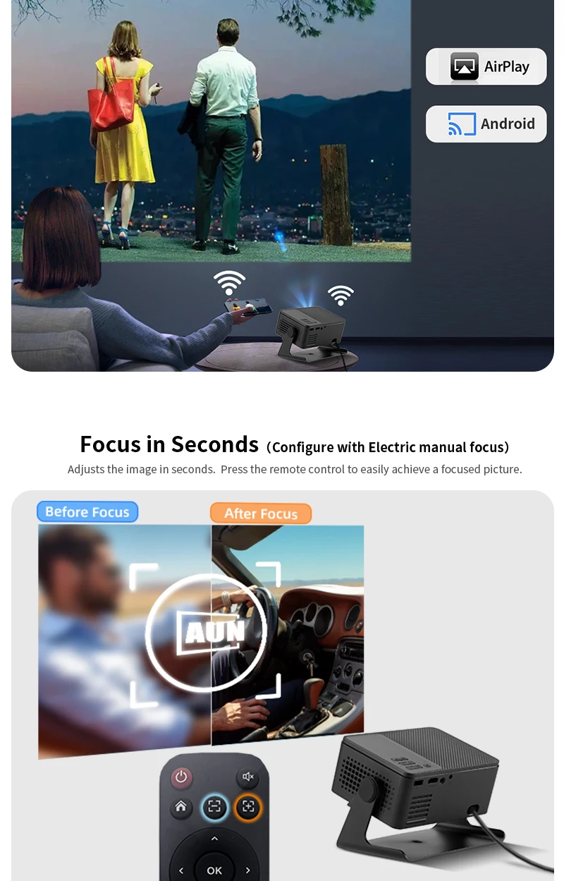 AUN A32 Pro Android 14 Projektor Tragbares Heimkino MINI LED-Projektor 3D WIFI für Telefon Computer 4K Video 1080P Film – Detail 8