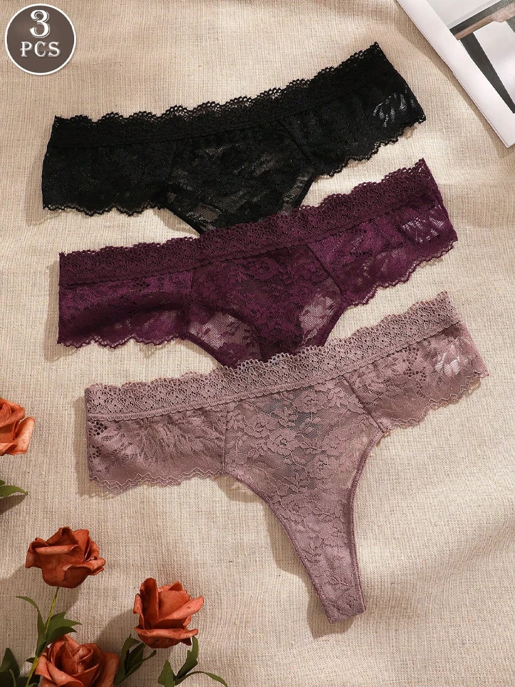 3-teiliges Set sexy Spitzen-Blumen-Tangas für Damen, einfarbig, transparent, atmungsaktive Slips, Sommer-G-Strings, Dessous