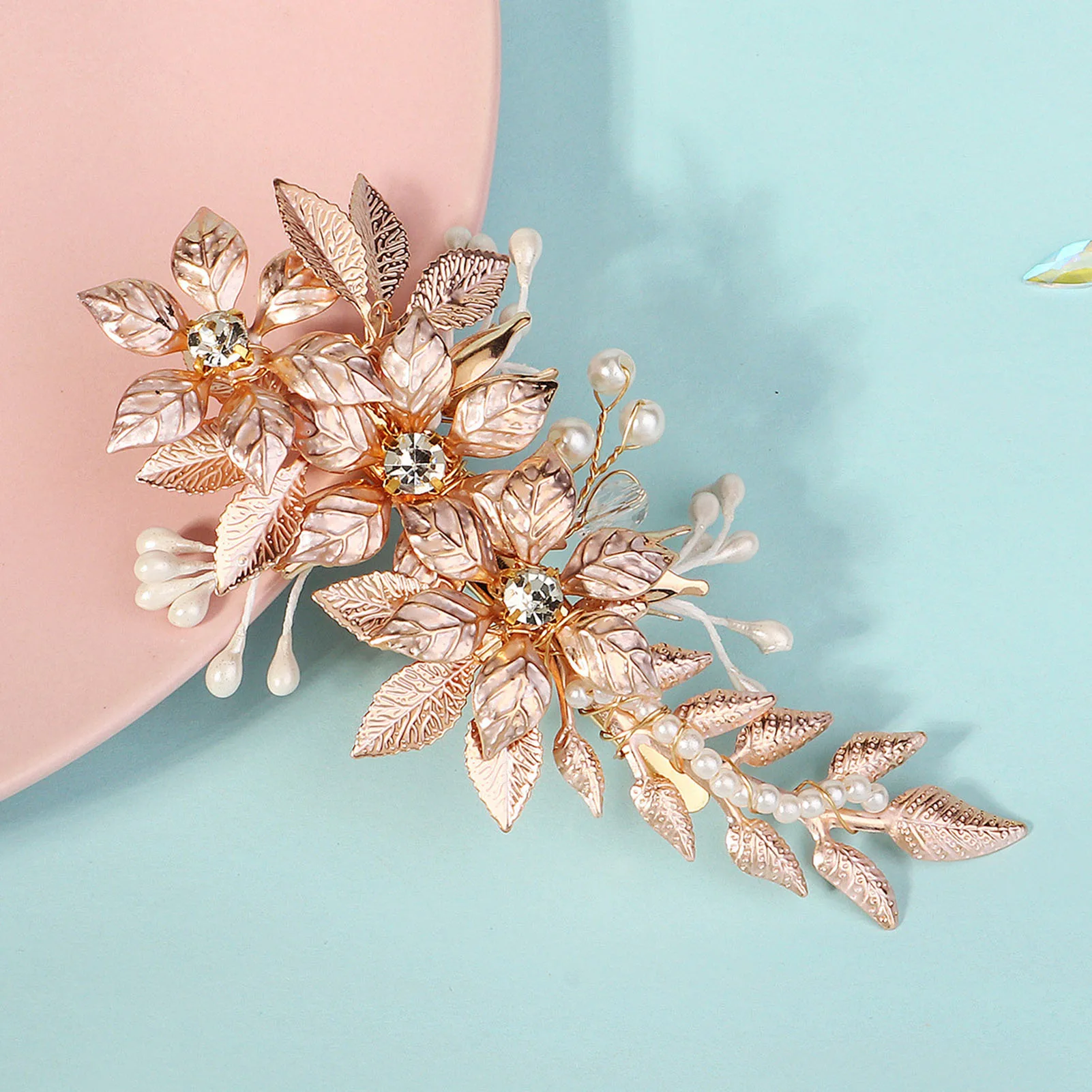 Rose Gouden Haarclip Bruids Parel Bloemen Tiara 'S Mode Blad Haarspeld Voor Vrouwen Elegant Feest Hoofdtooi Bruiloft Haar Sieraden