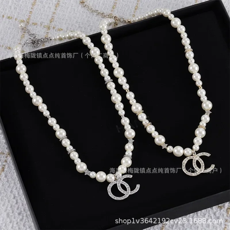 

Xiaoxiangjia Double C Letter Irregular Pearl Necklace N Fashion Temperament Pentagram Ball Diamond Necklace