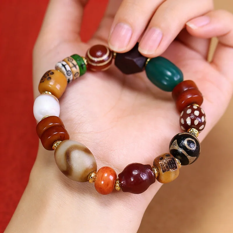 Natural Tibetan Genuine Old Agate Tiger Tooth Three-Eyed Dzi Bead Multi-Treasure Bracelet, approximately 15x18mm