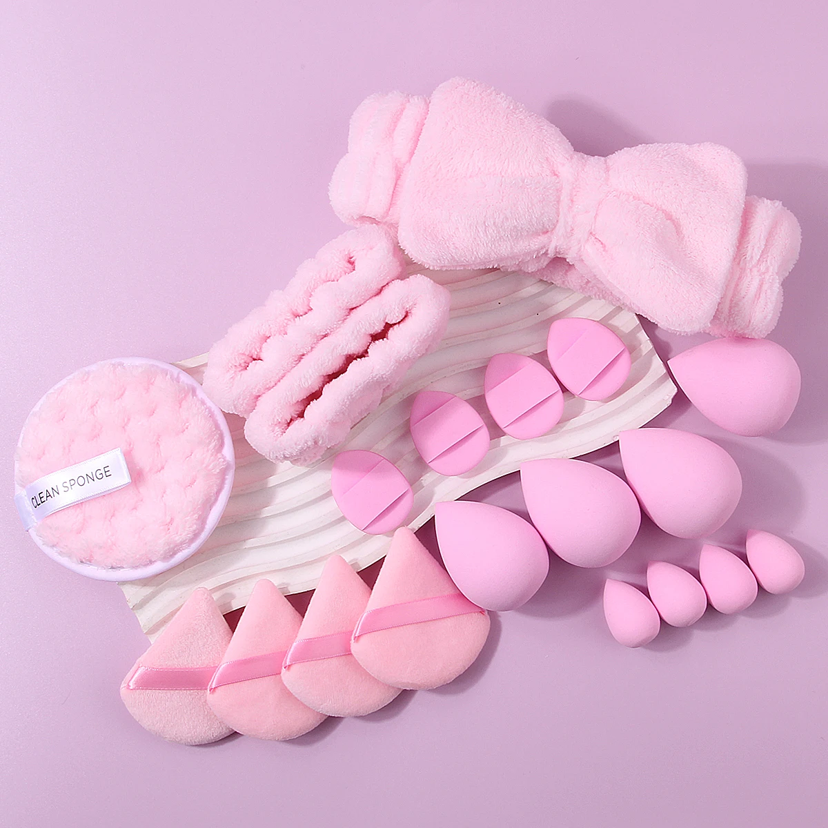 헤어밴드와 손목 스트랩이 포함된 핑크색 클렌징 및 메이크업 세트 20개, 부드러운 스펀지 에그 파우더 퍼프 및 라운드 클렌징 퍼프