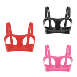 Women Ladies Sexy Lingerie Wetlook Leather Bra Erotic Breast Exposing Open Cup Glossy Sleeveless Solid Color