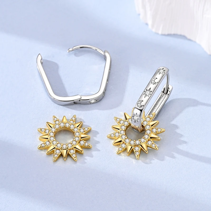 925 Sterling Silver Gold Plated Earrings Women Star and Moon Square U-Shaped Hoop Earring For Anniversary Wedding Jewelry Gifts