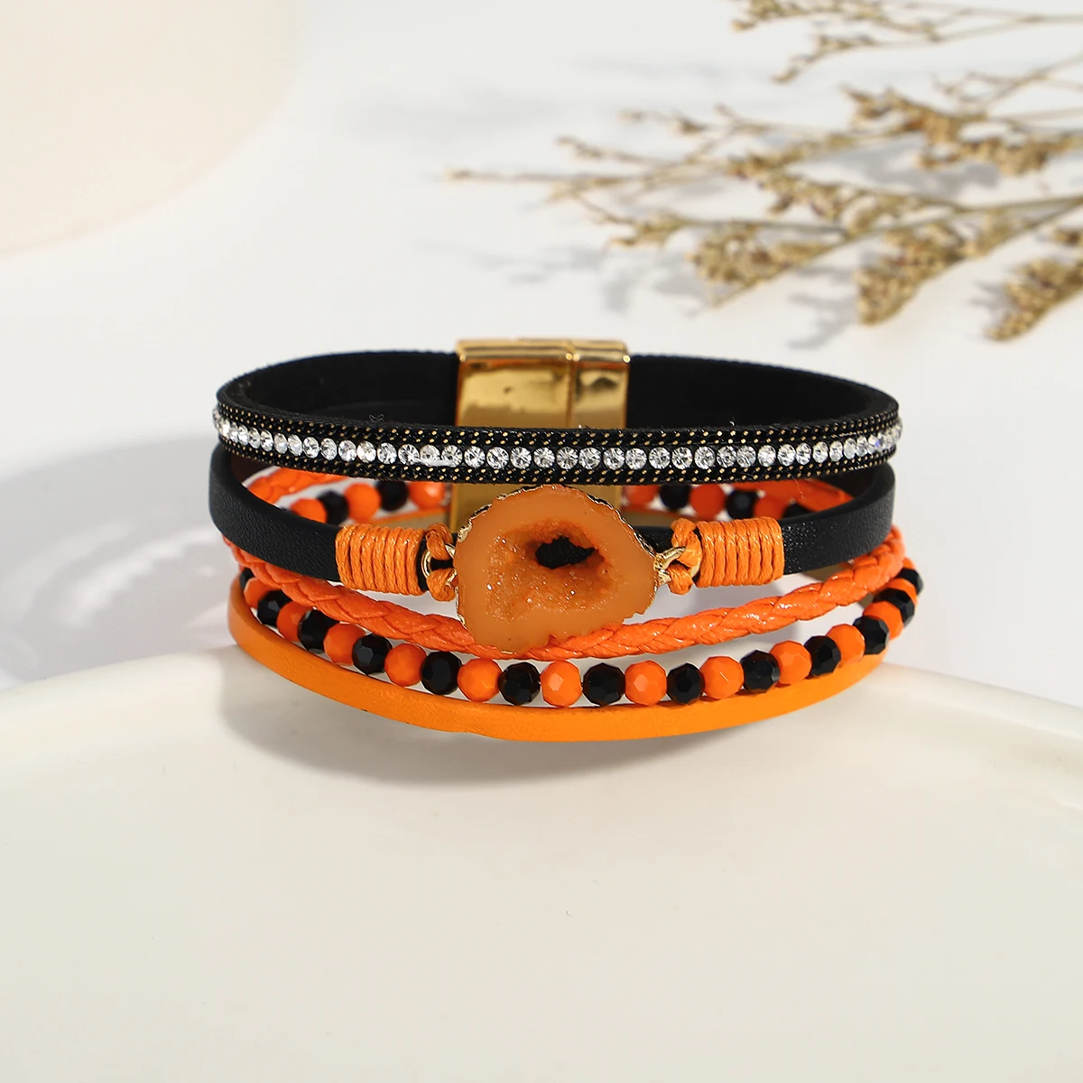 

Amorcome Vintage Multilayer Wrap Leather Bracelets for Women Black Orange Beads Resin Stone Charm Bracelets Halloween Jewelry