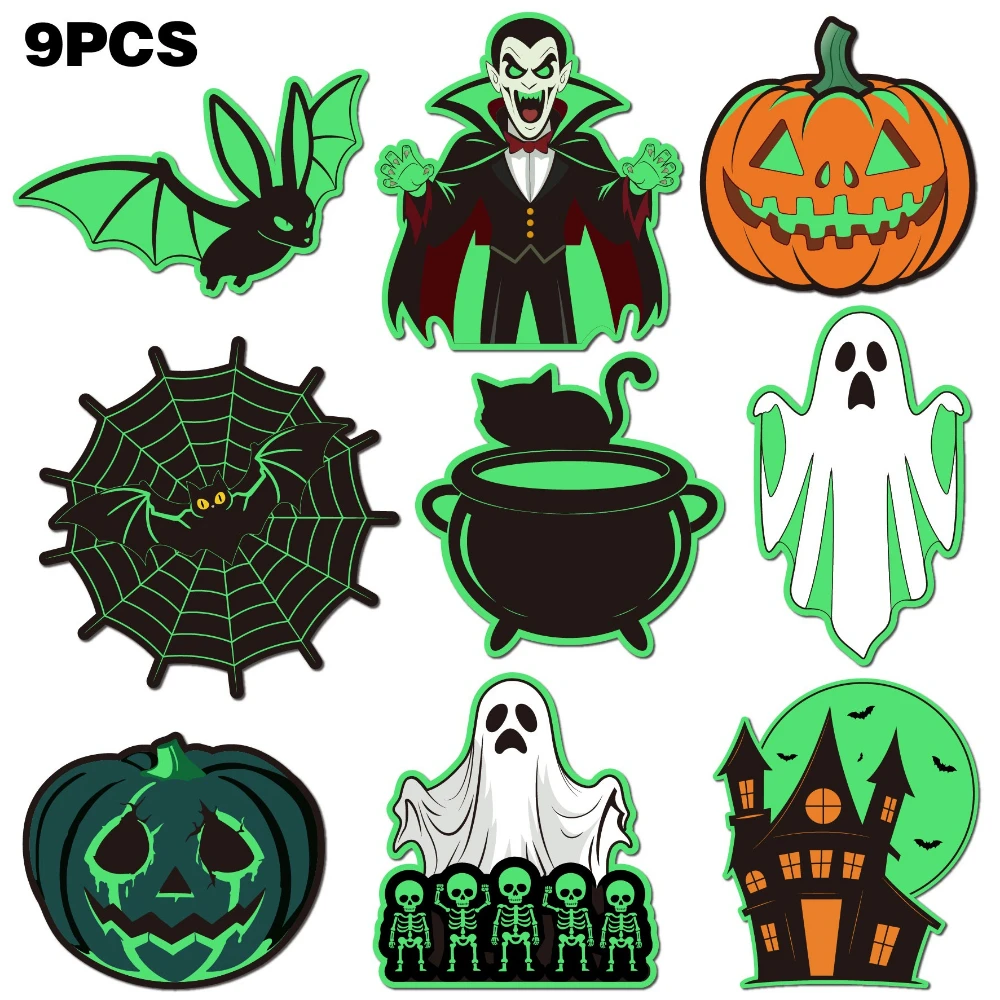 9 pieces of luminous Halloween tiles, pumpkin ghost vampire bat PVC reusable stickers for party car kitchen decoration