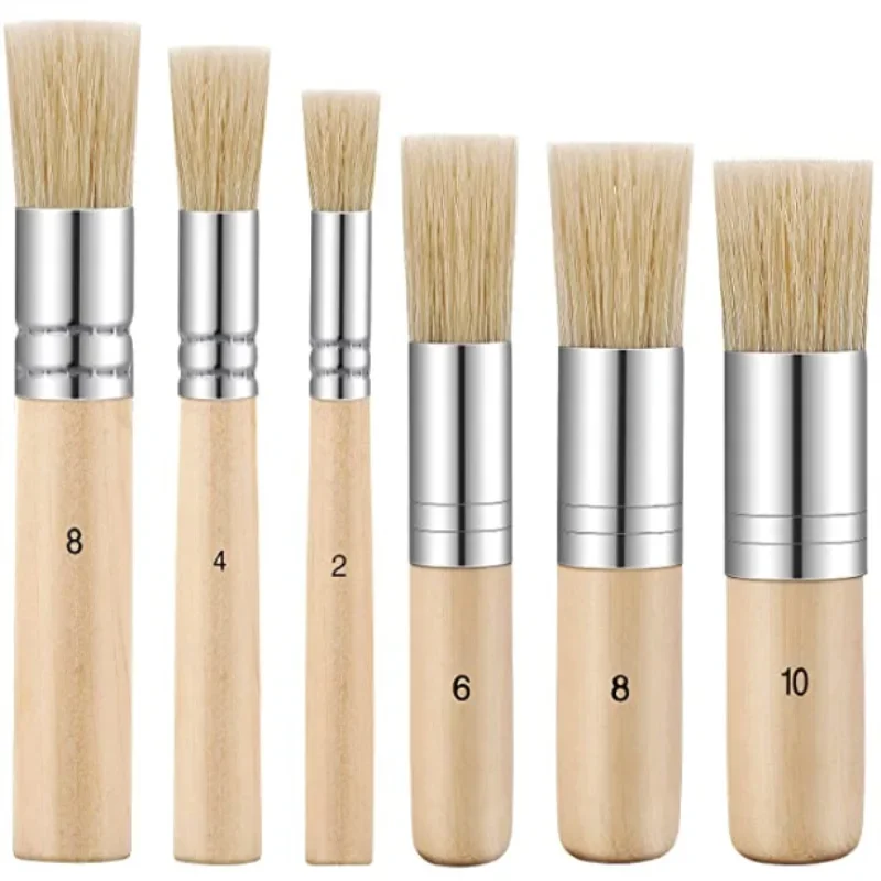 6Pcs Wooden Handle Watercolor Painting Stencil Brush Hog Bristle Acrylic Oil Painting Brushes Student Professional Art Supplies