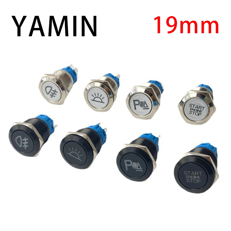 19mm Momentary Reset / Fix Latching Power Supply With LED Light Luminous Character Flat Metal Push Button Switch