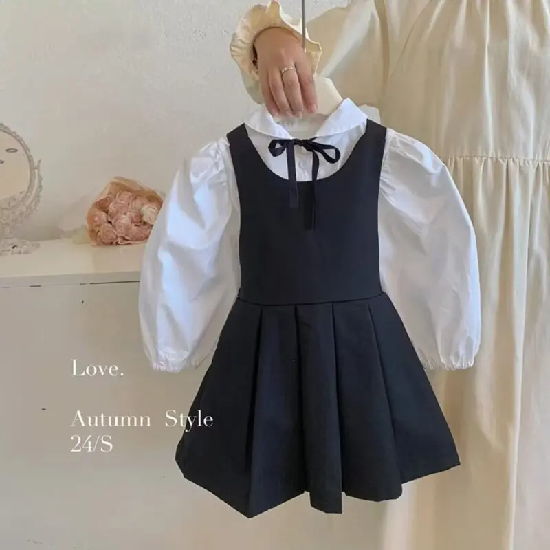 Children Girls 2PCS  Spring Bow Round Color Tops Suspender Skirts Suit Kid Girls Outfits