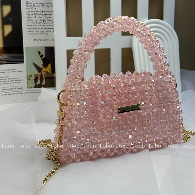 Summer Shining Bling Pink Clutch Bag Acrylic Beaded Woven Handbags for Women Popular Crossbody Dinner Bags with Inner