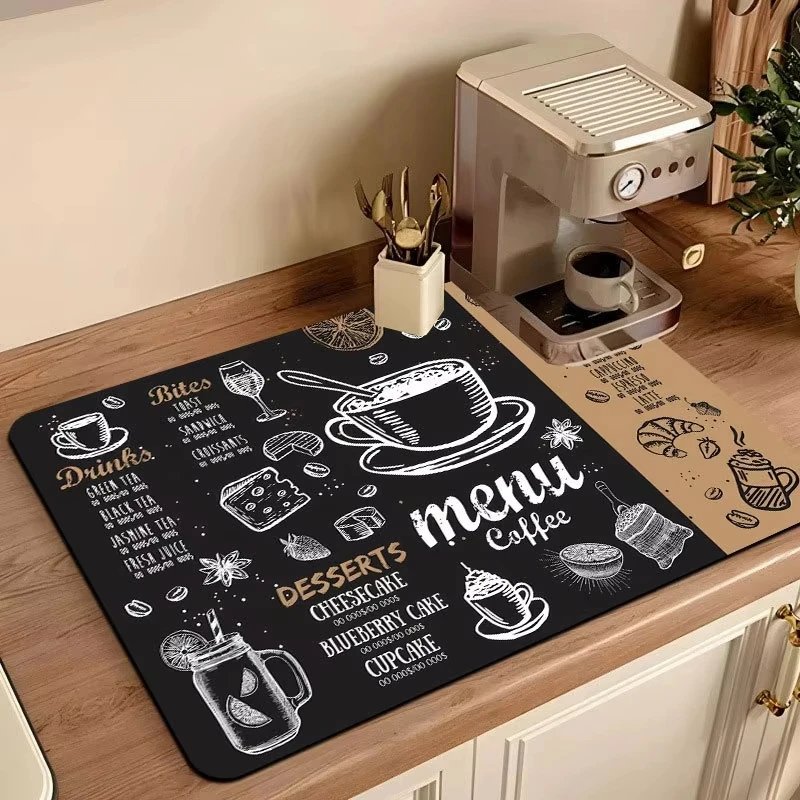 VIKAMA Vintage Coffee Menu Print Draining Mat Waterproof Oilproof Non Slip Kitchen Countertop Coffee Station Protector