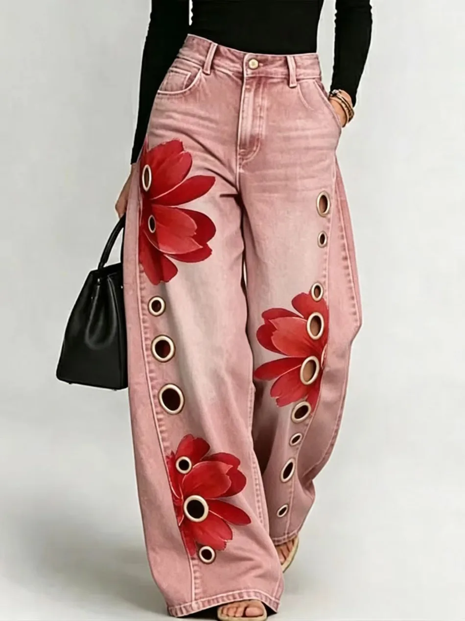 Frühling Herbst Neu im Sortiment Imitations-Jeans für Damen, bedruckt, lässig, locker, Retro-Street-Fashion, weites Bein – Detail 7