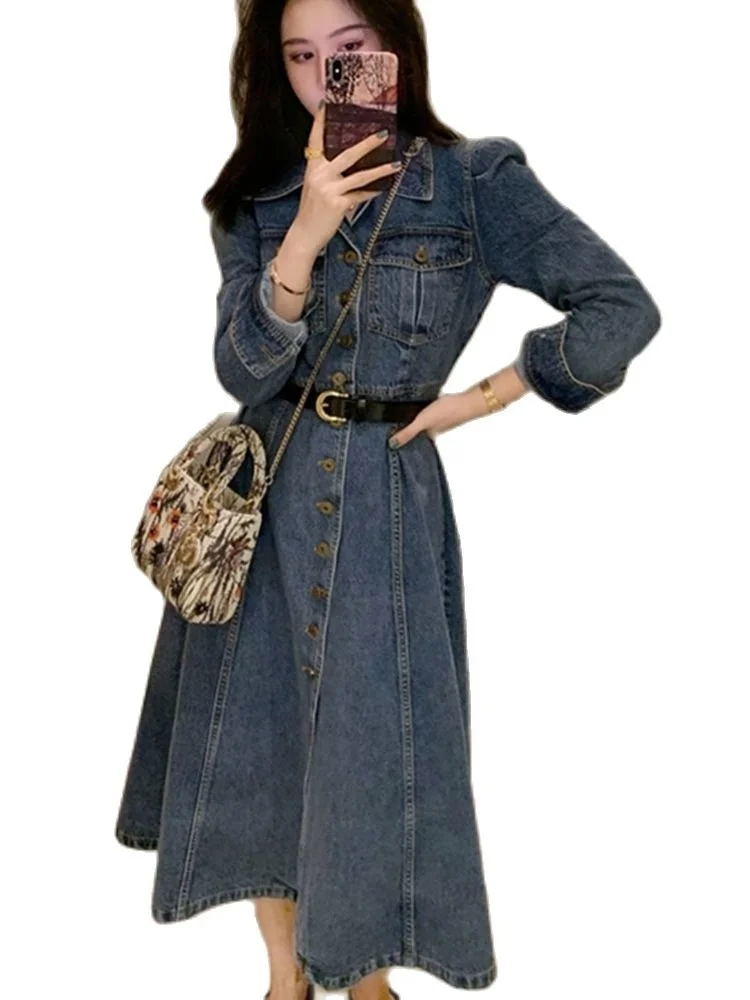 French Vintage Denim Dress Womans Spring Autumn New Lapel Single-breasted Puff Sleeves Long A-line Jean Dress Casual Chic Dress
