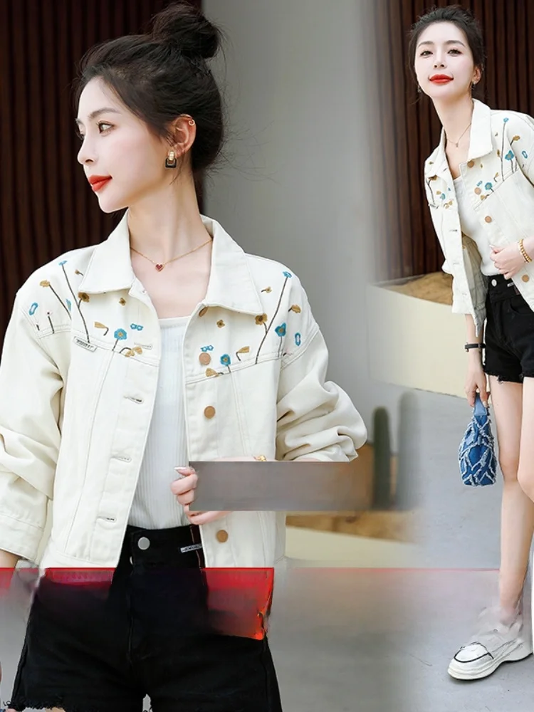 Sweet Casual Women's Denim Jaet Retro Top Fre Sle ort Coat Collar Button up Loose Fit Long Sve Spring Outerwear