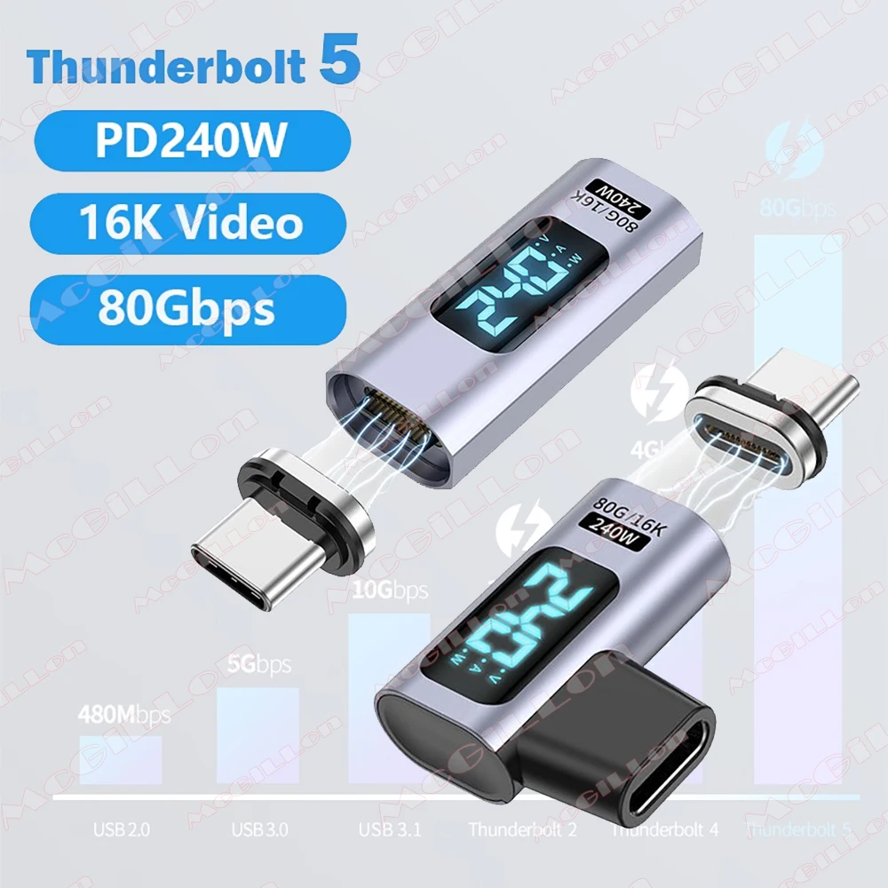 

Магнитный адаптер PD 240 Вт USB C для быстрой зарядки типа C к разъему USB4 80 Гбит/с 16 к60 Гц для Thunderbolt 5 4 iPhone 16 Macbook